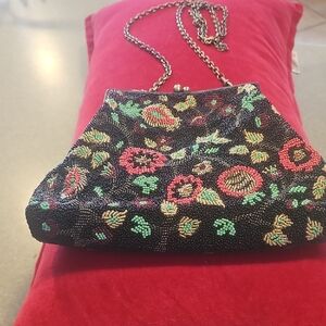 IMAGE CHRISTOPHER Black Beaded Floral Clutch W Brass Chain